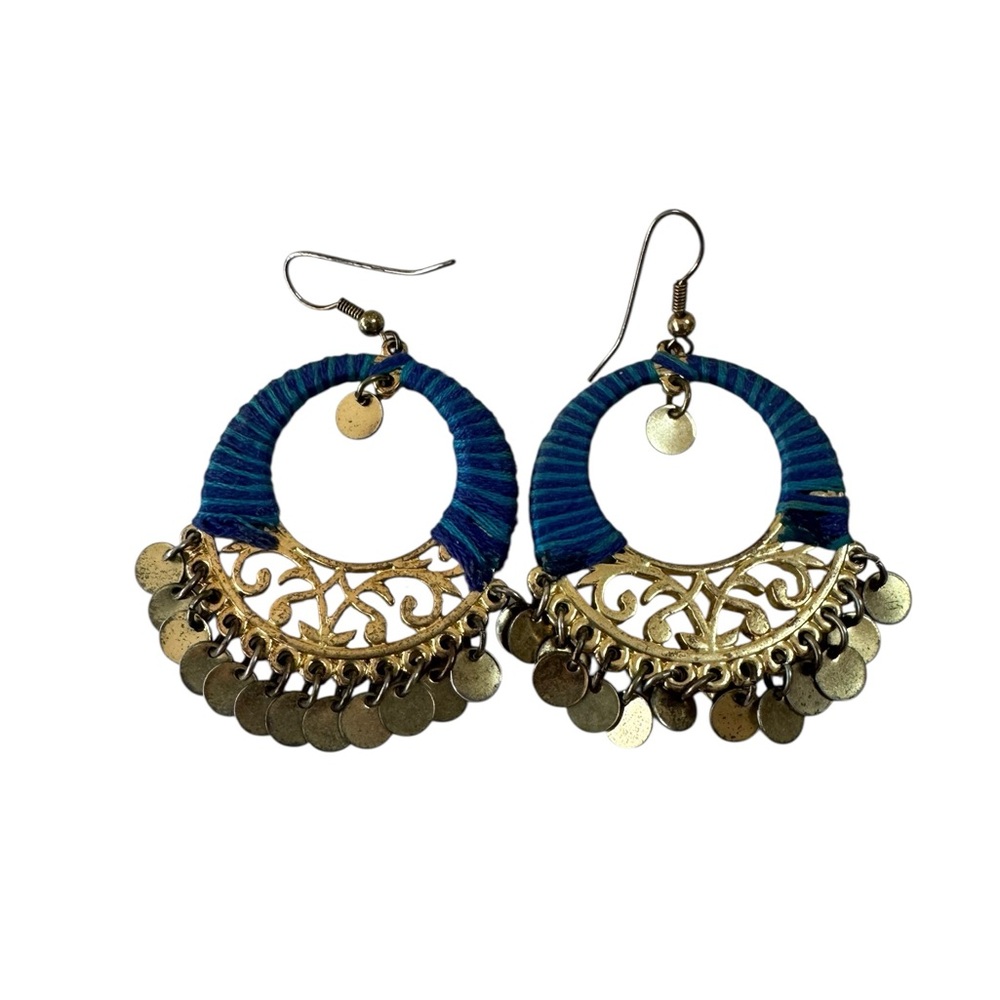 Blue and‎ Gold Dangle Earrings Boho Gypsy Eclectic Chandelier